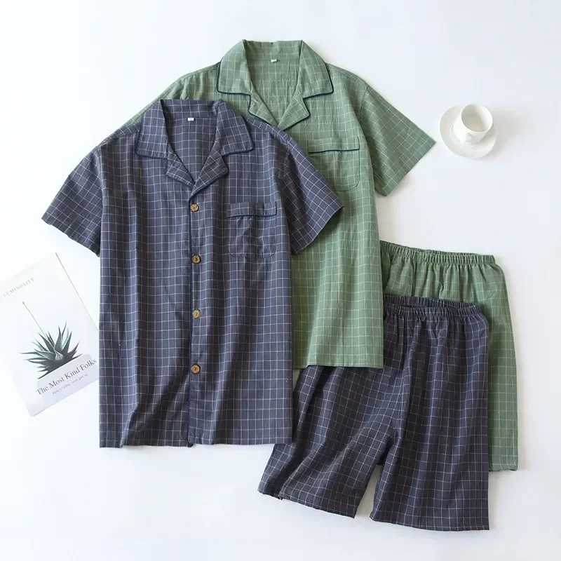 

Pantalon Cotton Plaid Simple Home Men's Pajamas Service Short-sleeved Pijama Shorts 2023 Japanese Washed Hombre Summer Suit Thin