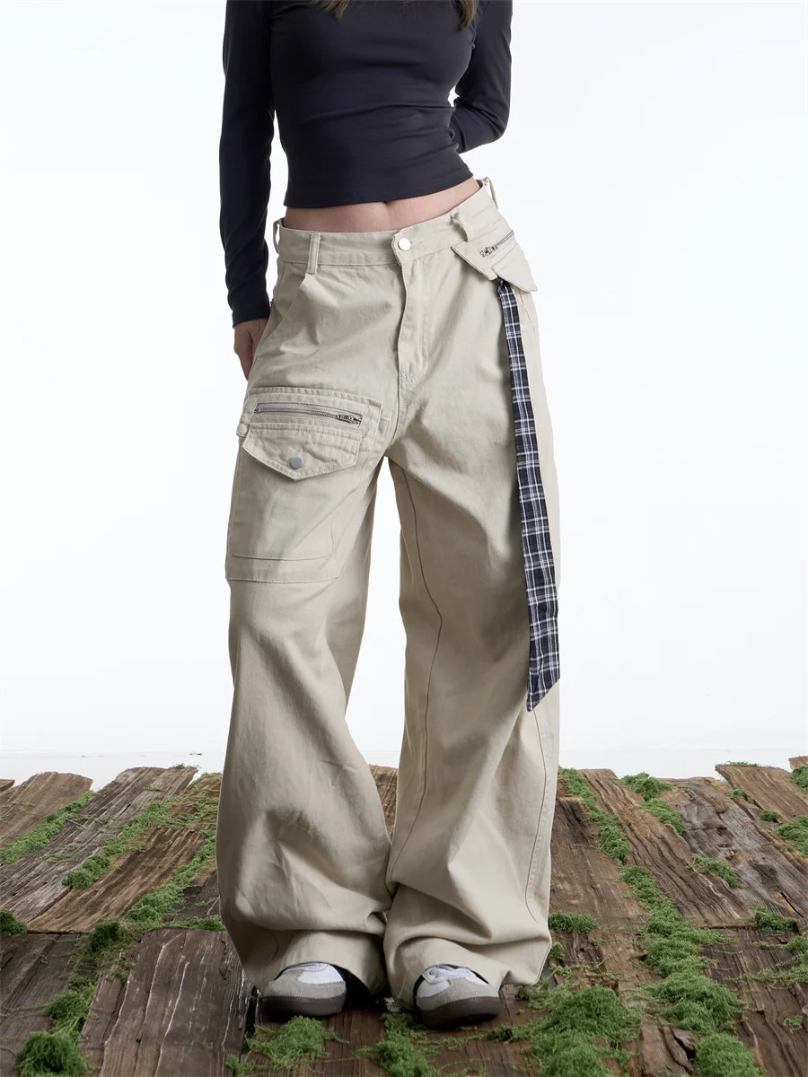 American Style Retro Deconstructed Design Knife  Work Trousers Women's Sash Zipper Multi Pocket Casual Wide Leg Pants
