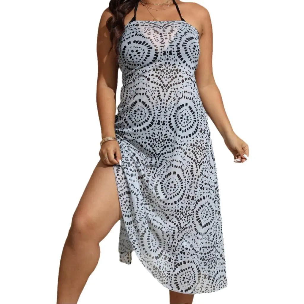 

Женская цельная блузка с принтом в горошек больших размеров, многофункциональное платье для пляжного отдыха в европейском и американском стиле