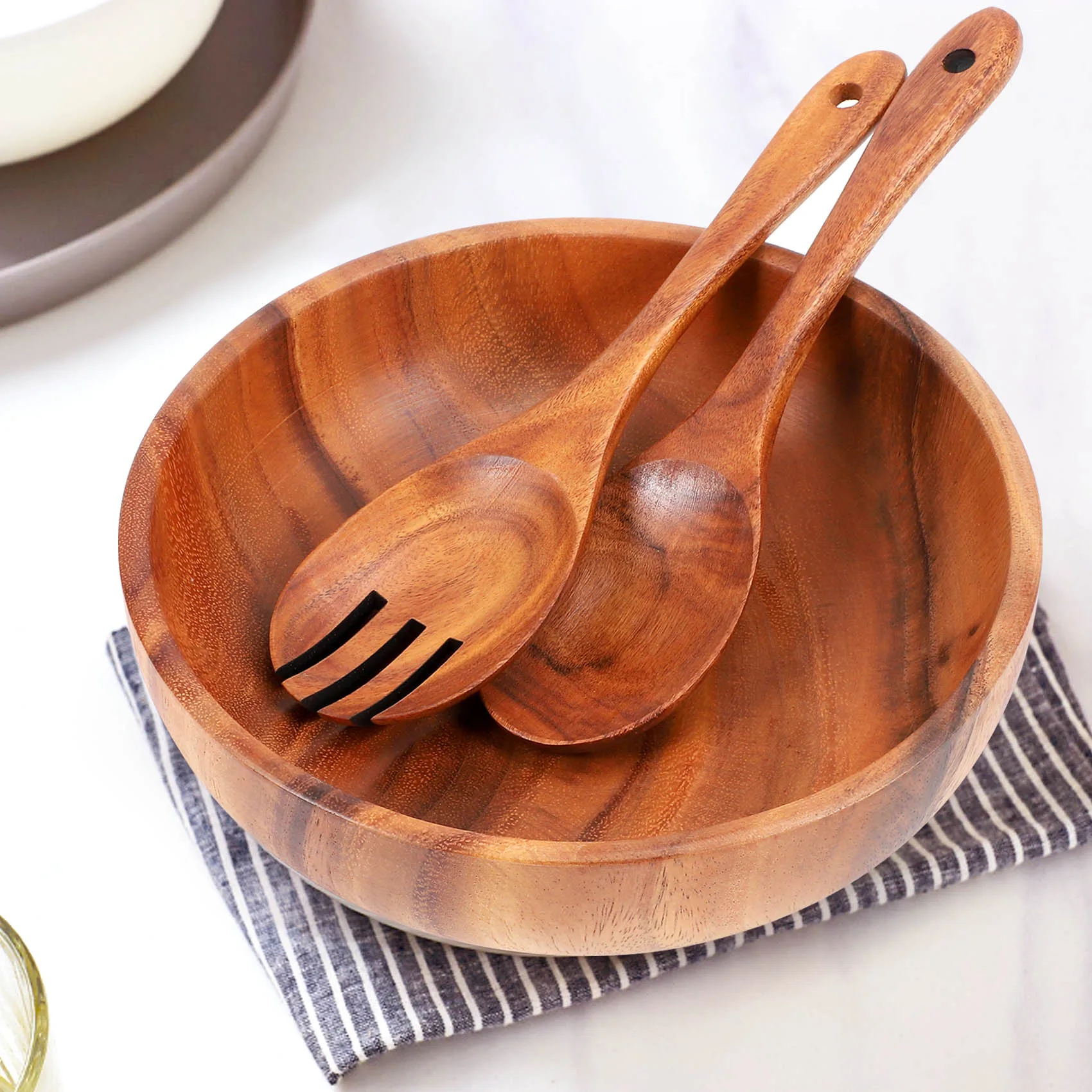 Wooden Salad Bowl-Large 9.4 Inch Acacia Wood Salad Wooden Bowl with Spoon, Can Be Used for Fruit, Salad