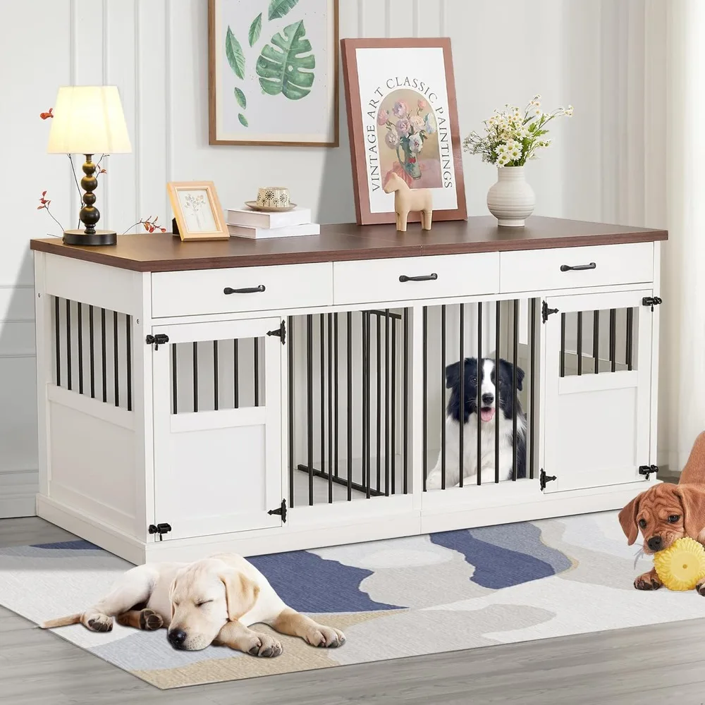 

71 inches Extra Large Dog Crate Furniture with 3 Drawers and Removable Divider Wooden Double Dog Kennel Indoor Furniture