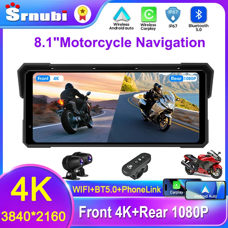 Srnubi 5/8,1 Zoll Motorrad-Navigation vorne 4K + hinten 1080P DVR IPX7 wasserdichter tragbarer Carplay/Android Auto Bluetooth-Monitor