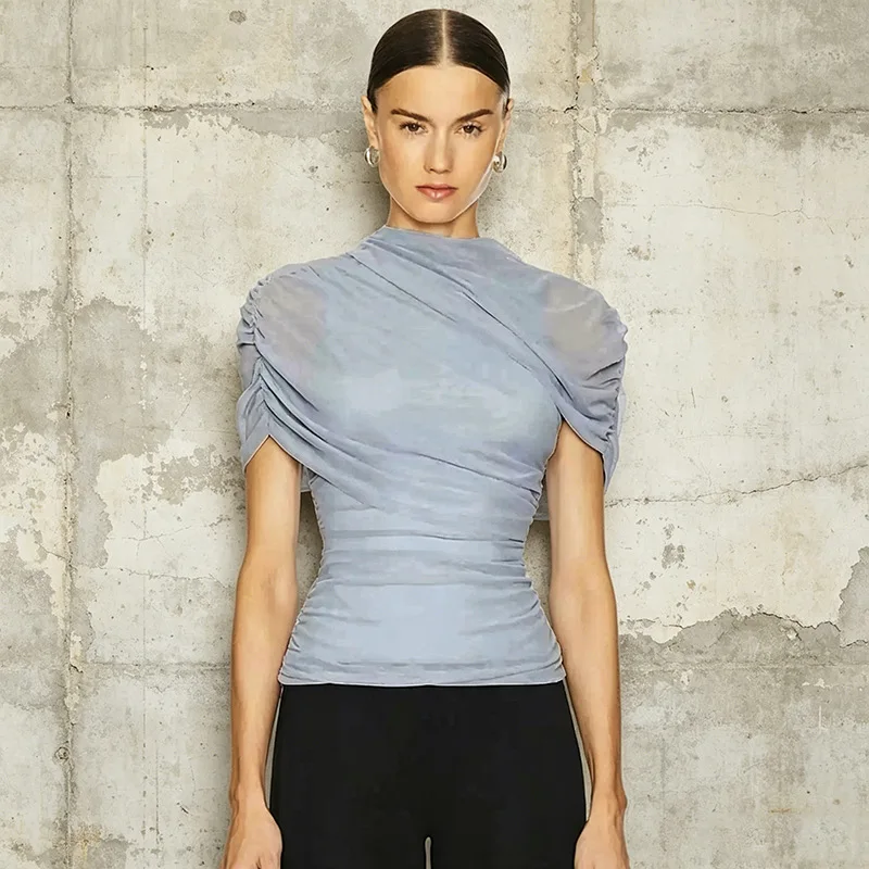 ZAMOR HIGH END European American Atmosphere Top 2026 New Solid Color Ruched Design Waist Slim Fit Bodycon Short Sleeve T-Shirt W