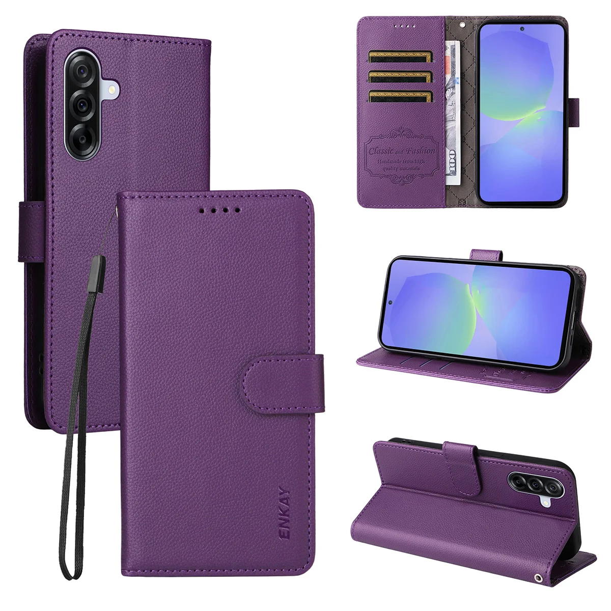 

For Samsung Galaxy A36 5G Wallet Case with Strap ENKAY HAT PRINCE RFID Blocking Leather Stand Phone Cover - Purple