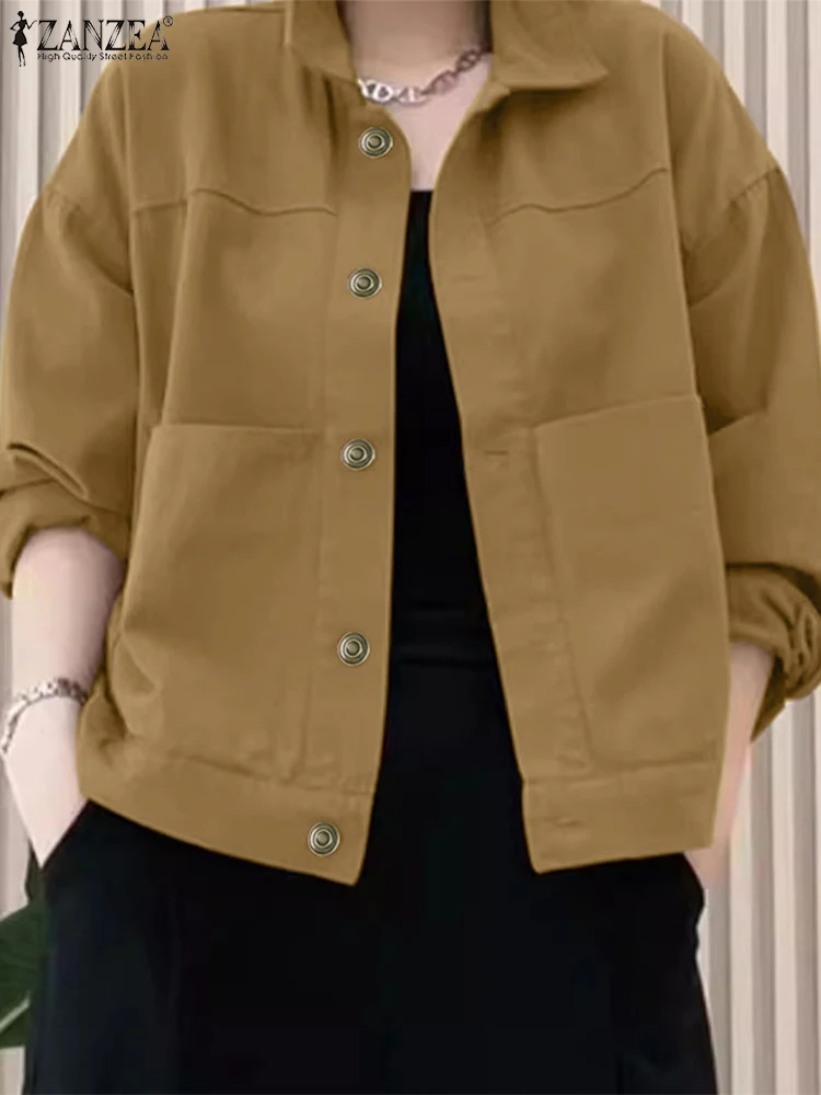 

ZANZEA Stylish Spring Women Cardigan Jackets Lapel Neck Long Sleeve Coats Solid Thin Outwear Fashion Work Shirt Streetwear 2025