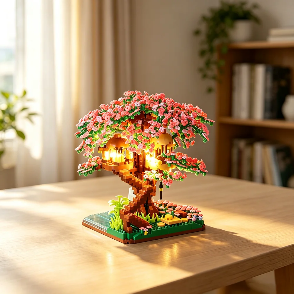 Cherry Bonsai Tree Building Blocks Set DIY Sakura Blossom Plants Bricks with Light Treehouse Model Romantic Gift for Girlfriend - view 5