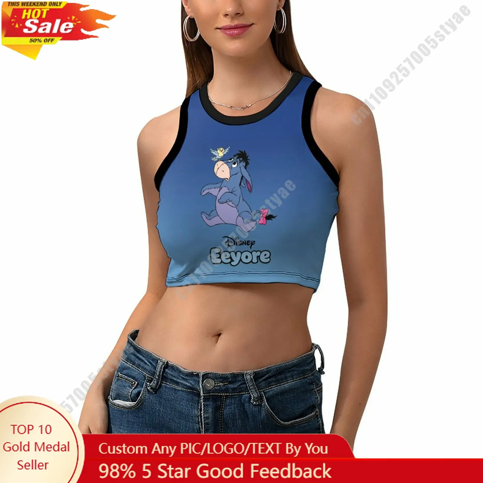 

Eeyore Vest Disney Pattern Custom Photo Text Crop Tank Racerback Vest Personalized Graphic Sleeveless Crop Top