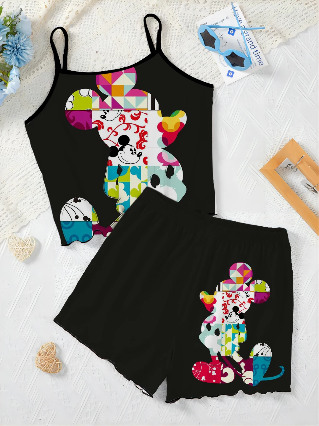 Ensemble T-shirt et robe à enfiler en laitue trempée pour femme, jupe pyjama courte, haut Disney, Minnie Mouse, pièces élégantes