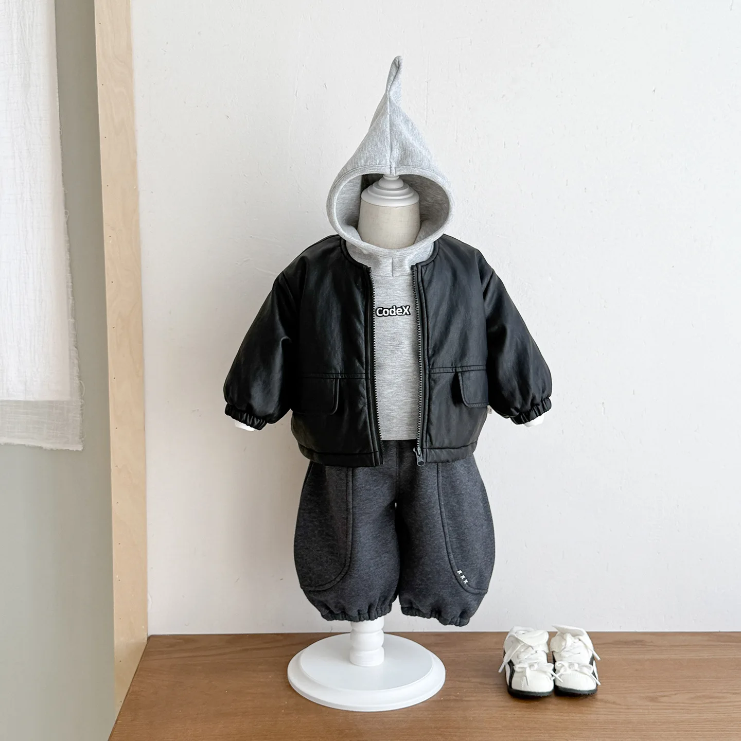2pcs Set 2026 Boys Leather Jacket Quilted Fall Winter Thick New Baby Warm Infant Kids Winter Boys Grey Hoodie and Black Jacket