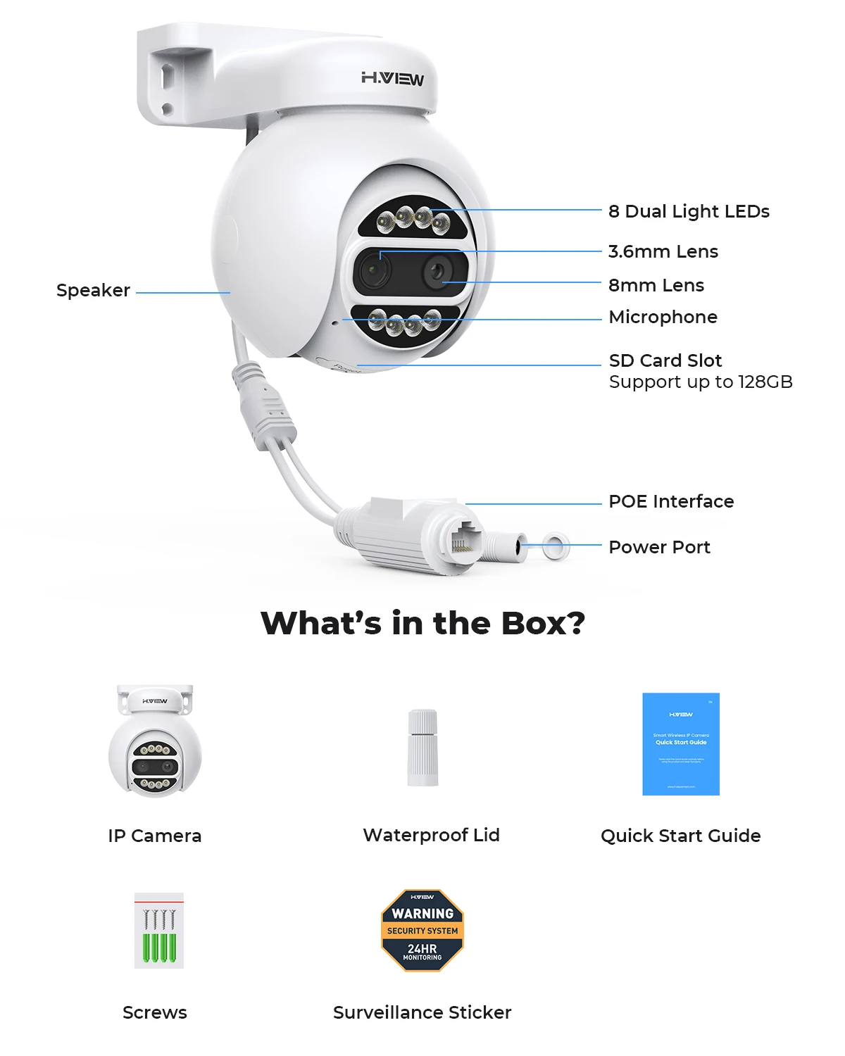 H.VIEW PTZ IP Camera 8x Zoom Dual-Lens Human Detect CCTV Camera 4MP Smart Home Outdoor PoE Surveillance Camera ICSEE APP