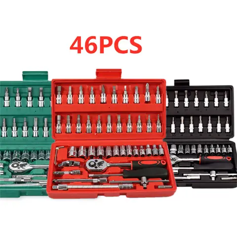 46pcs 자동차 수리 도구 키트 1/4 인치 소켓 세트 자동차 수리 도구 래칫 토크 렌치 콤보 자동 수리 세트 정비공 도구