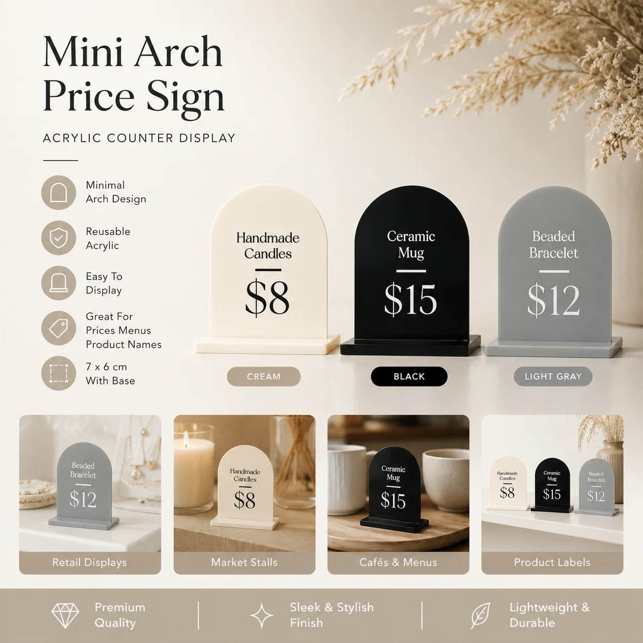 Custom Acrylic Mini Arch Pricing Sign Small Business Market Stall Price Tag Pop Up Shop Table Display Card Holder Decor Set
