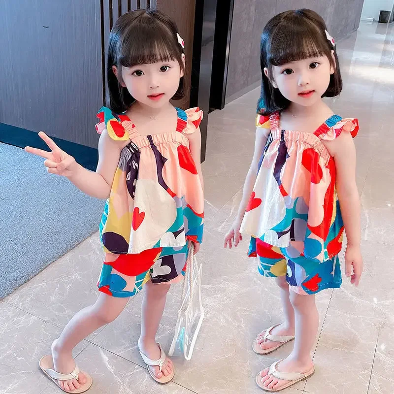 Strap Shorts Set for Summer New Girls Baby Casual Dress Vest + Short Pants 2 PCS Two Piece Set Fashion Children's Summer 3 Year