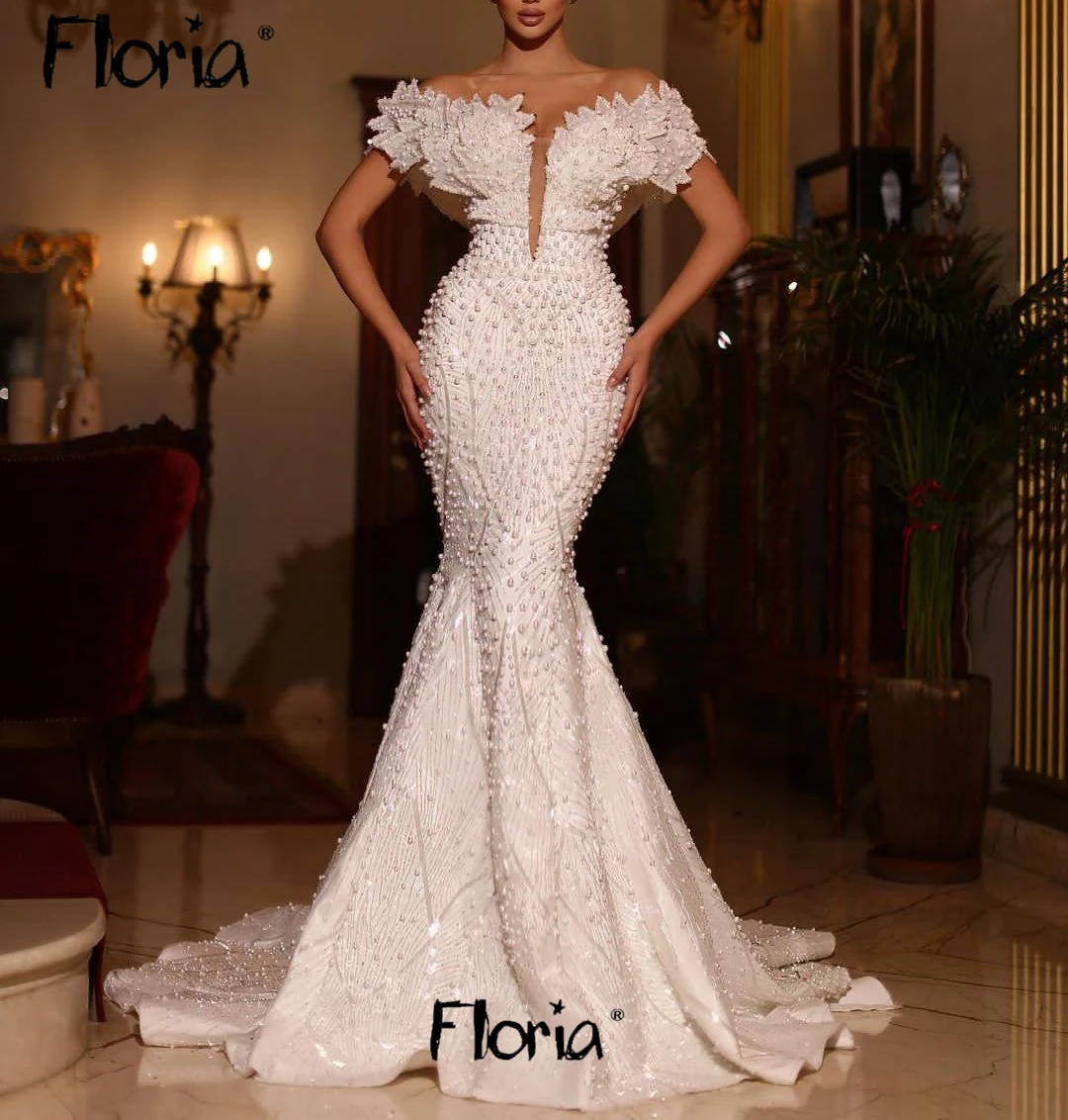 Haute Couture Long Mermaid Wedding Dress V Neck Ivory Beaded Pearls Fashion Bridal Gowns Custom Made Arabic Evening Night Gowns