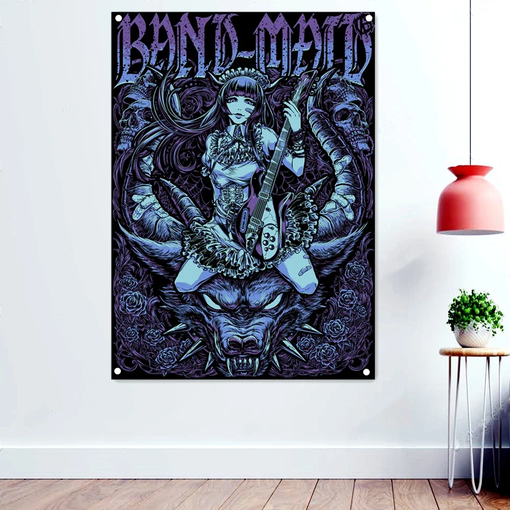 Maid Kawaii Metal Art Poster Banners Rock Band Flags Macabre Tattoos Art illustration Wall Hanging Bar Cafe Home Decoration A1