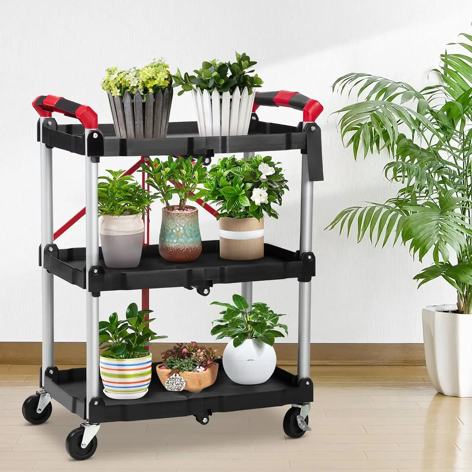 Portable Folding Service Cart - Versatile 3-Tier Collapsible Design, Heavy-Duty 56 lbs Load Capacity/Shelf, Lockable Wheels for Stability, Ideal for Garage, Workshop & Industrial Use image 5