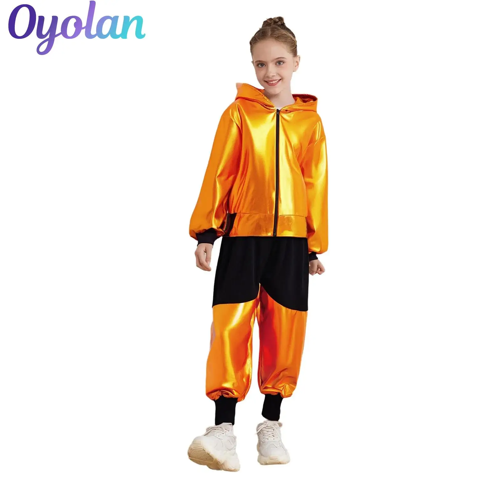 

Kids Girls Boys Hip-Hop Jazz Dance Performance Costume Stage Dance Outfit Long Sleeve Zipper Metallic Hooded Jacket with Pants
