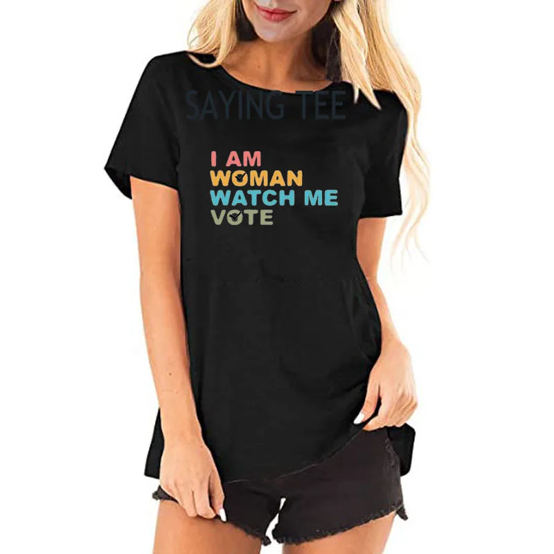 I Am Woman Watch Me Vote Shirt Humor Funny Letters Printed Saying Tee Short Sleeve Blouses Cute 2024 Election Campaign Tops Gift