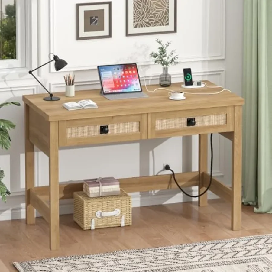 Rattan computer desk for small spaces with 2 drawers, 39-inch farmhouse boho vanity desk in natural brown, featuring power outl