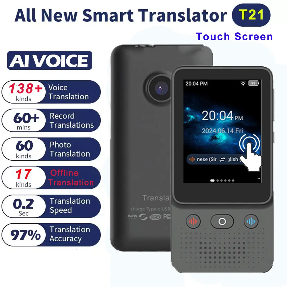 

T21 Offline Translator Online Wifi Portable Audio 138 Language Smart Translator Real Time Smart Voice AI Voice Photo Translator