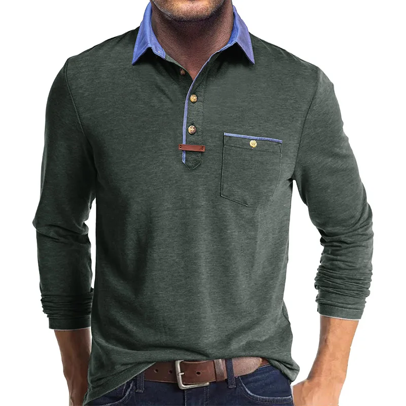 Langarm-Poloshirt für Herren, lässig, schmale Passform, Henley-Kragen, T-Shirt mit Tasche, Smart Blend Tops – Detail 7