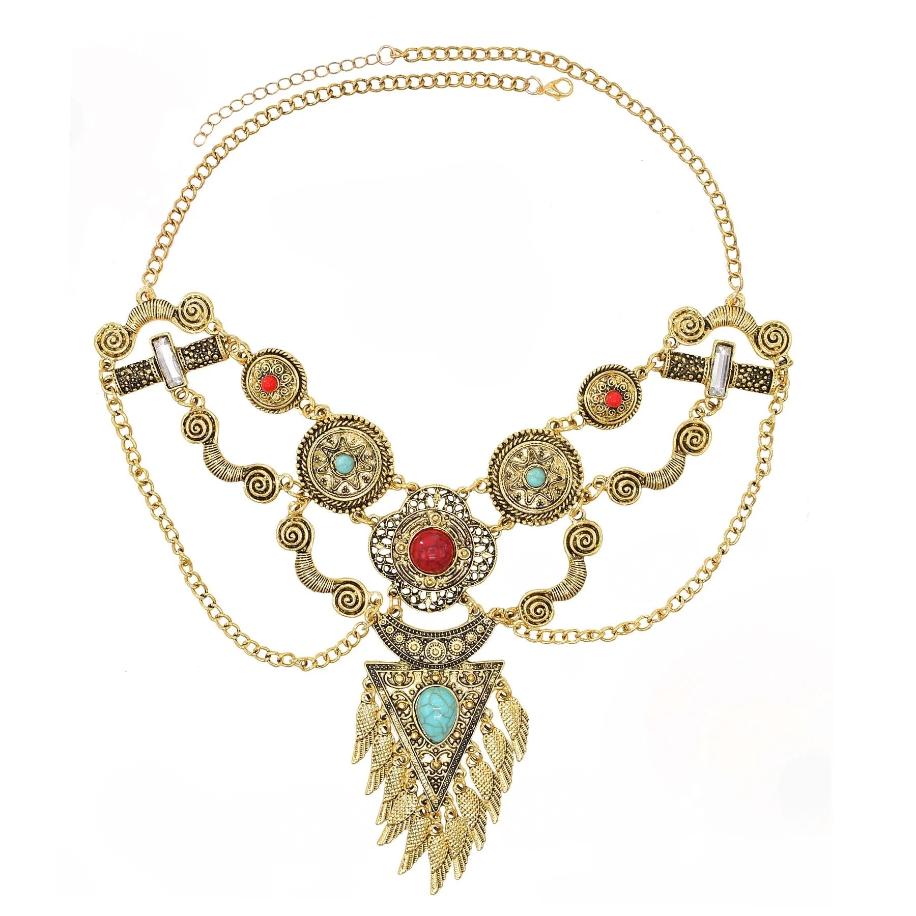 Vintage goldene silbrige Statement-Halskette für Frauen, bunte Strasssteine, lange Ketten, Halsketten, Gypsy, Boho, ethnischer Halsschmuck – Detail 19