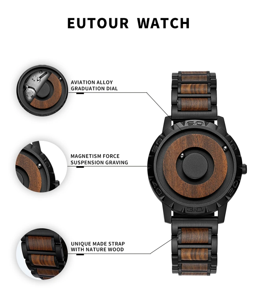 Brand EUTOUR Men's Wood Magnetic Ball Watches Luxury Sport Quartz Waterproof Watch Solid Wooden Strap Male Clock Mens Wristwatch