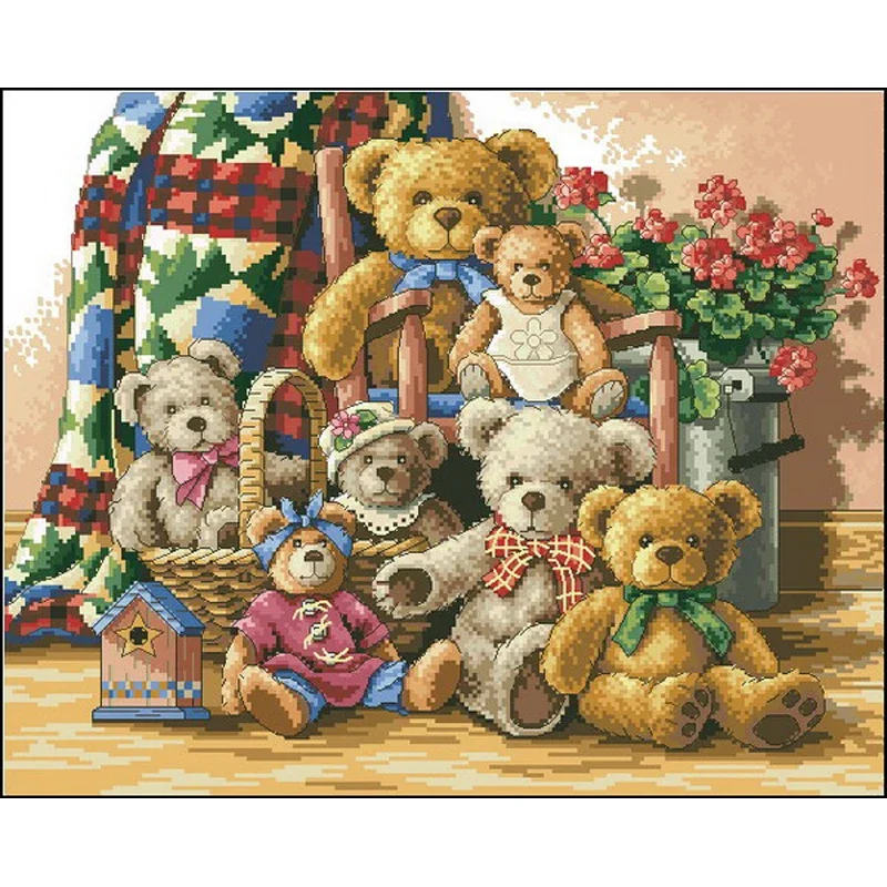 Amishop High Quality Gold Collection Counted Cross Stitch Kit Teddy Bear Gathering Party Family Club Dim