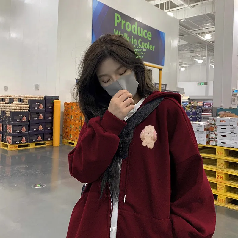 سترة بغطاء للرأس كبيرة الحجم باللون الأحمر الخمري مبطنة من Jaet American Sle oulder Sve سترة نسائية فضفاضة طويلة لخريف وشتاء