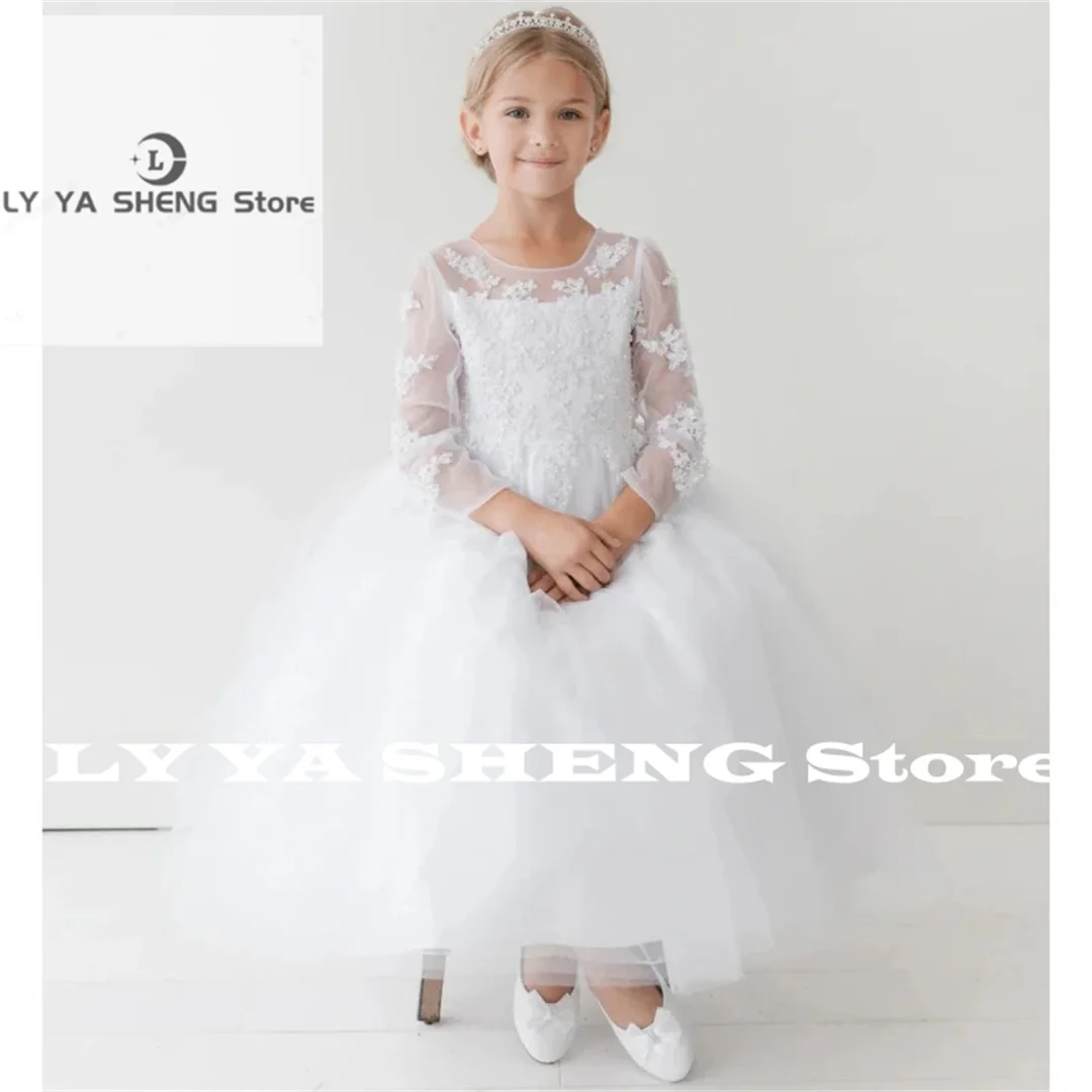 Flower Girl Dresses Tulle Flower Appliques With Bow Long Sleeve Fit Wedding Birthday Banquet First Communion Gowns