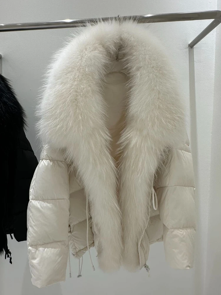 2025 New Thick Warm White Duck Down Coat Waterproof Parka Oversized Raccoon Fur Collar Winter Puffer Hooded Jacket Women