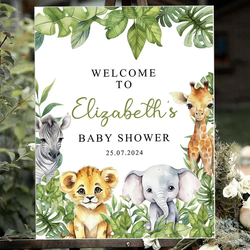 Custom Baby Shower Welcome Sign Jungle Safari Animals Zebra Lion Giraffe Welcome Sign Personalized Birthday Party Direction Sign