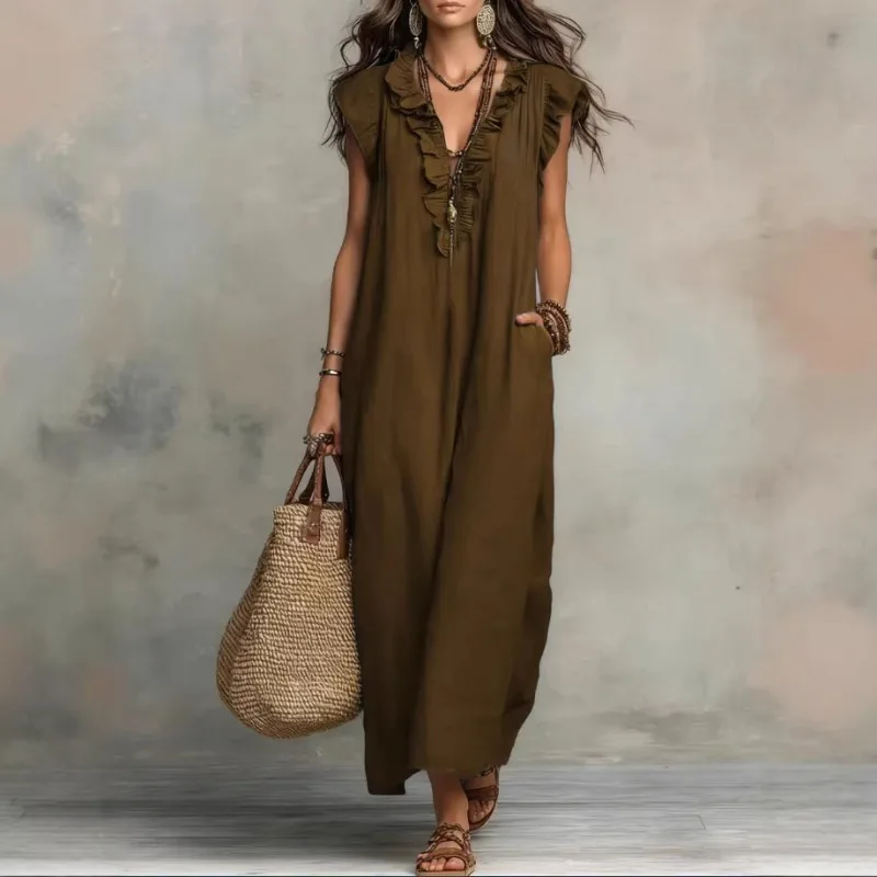 Women Spring Summer Boho Flutter Sleeve Floor Length Maxi Dress Elegant Beach Long Dress view 5
