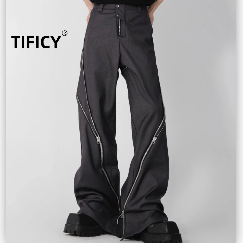 

High Street Zipper Split Slightly Flared Pants Men's A Hanging Feel Straight Leg Casual Pants and Long Pants