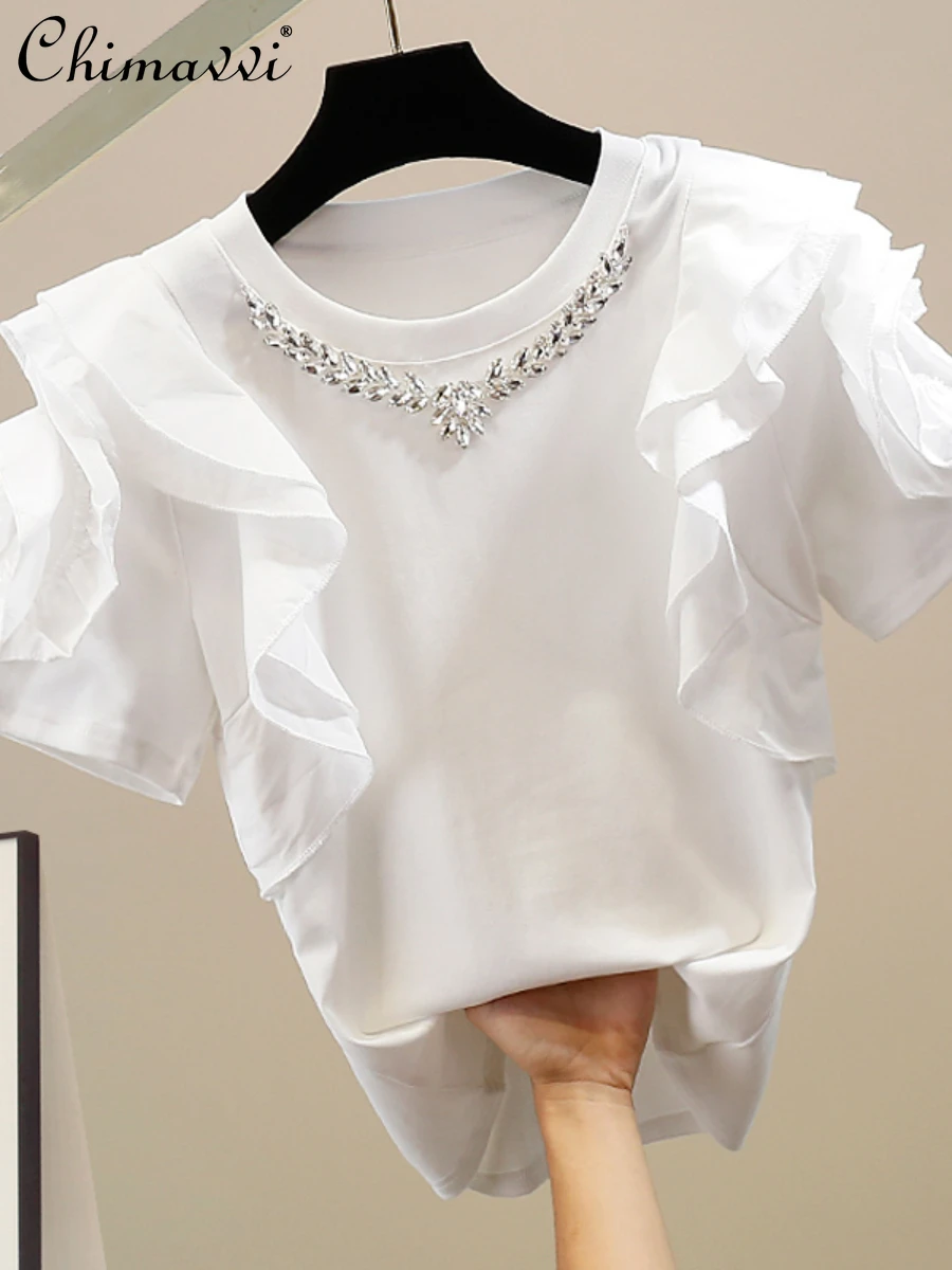 Fashion Ruffles Stitching 3D Plate Flower Rhinestone Chain T-shirt Round Neck Pullover Short Sleeve Tshirts Women Top Summer New