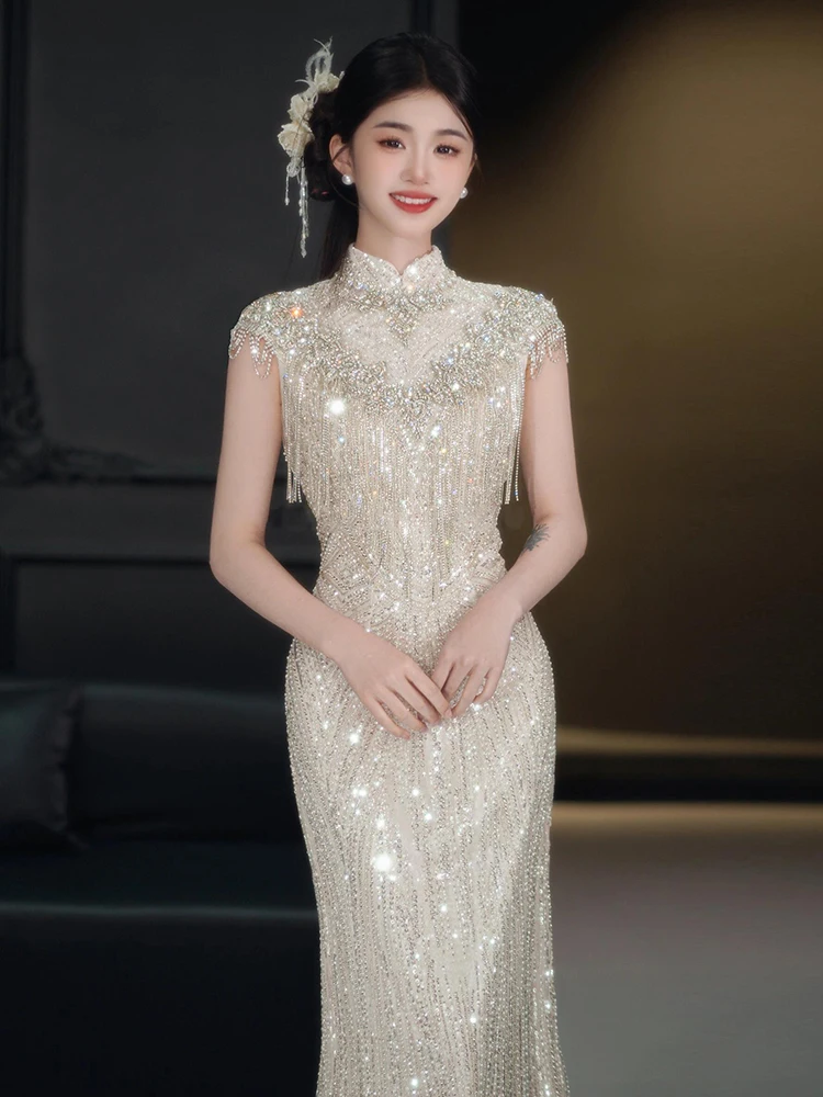 

Вечернее платье для свадьбы и торжеств, с дизайном «рыбий хвост», с пайетками, стройнящий костюм для выступлений, женская модная ретро-мода