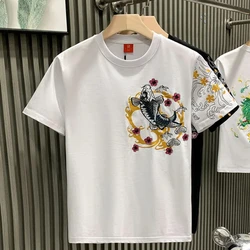 Chinese Style Trend Fashion Thin Summer T-Shirts Men O-Neck Carp Embroidered Short Sleeve Loose Pullovers Bottoming Shirt Tops