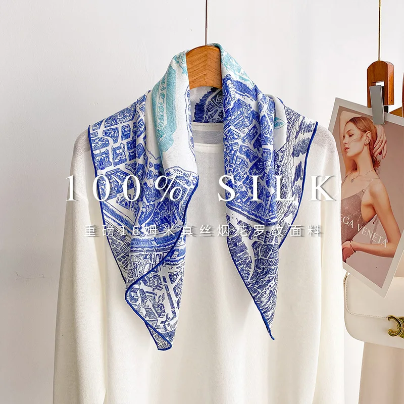 Retro City Map Bandana 100% MULBERRY SILK 65X65cm Cream Shades of Blue Urban Blueprint Neck Hair Wrap Women Holiday Gift