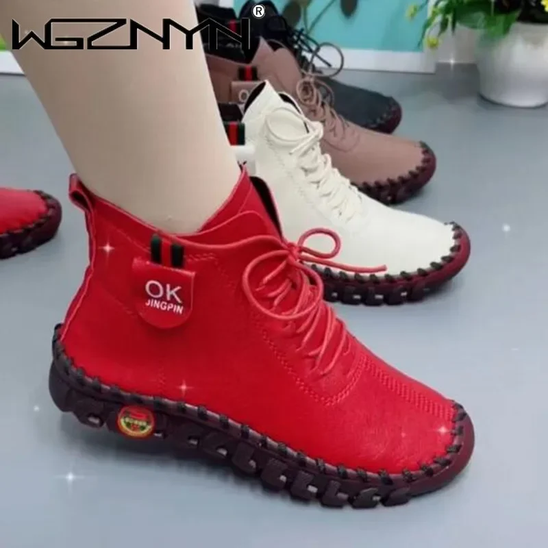 NEW Women Shoes Autumn Loafers Lace Up Sneakers Casual Flats Solid Soft Bottom Boots Leather High-Top Sneaker Female Shoes 2024