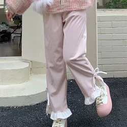 Sweet Lolita Style Pink Bow Corduroy Pants Women Kawaii Ruffles Side Bandage Wide Leg Pants High Waist Sweatpants Cute Trouser