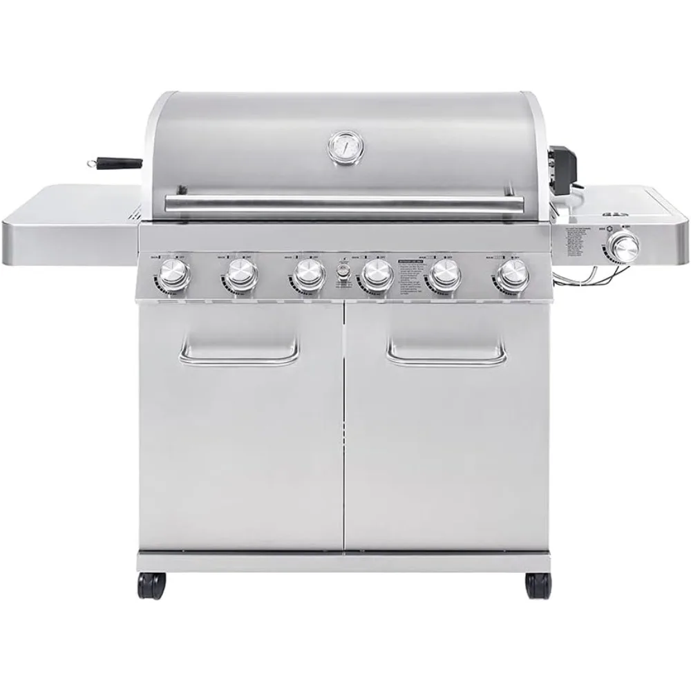 Burner Stainless Steel Cabinet Style Propane Gas Grill with Knob Controls, Side Burner, Built-In Thermom