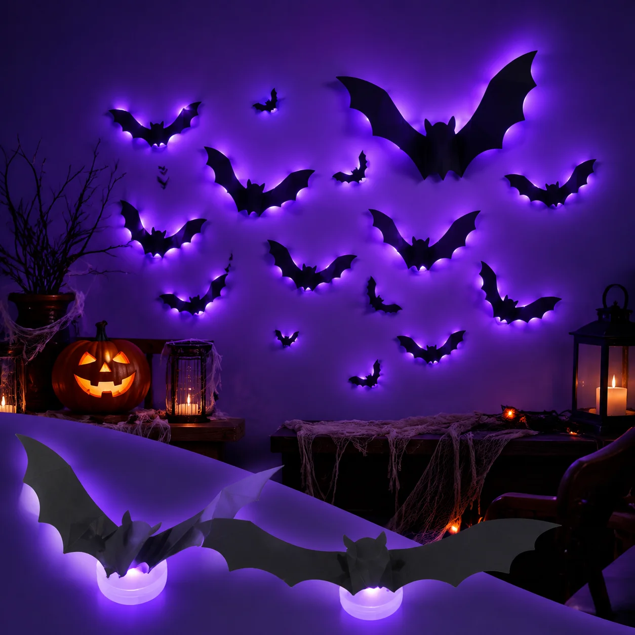 Halloween Fledermaus Wandaufkleber Lila Lichter PVC Selbstklebende Aufkleber für Geisterhaus-Party Innen- und Außenbereich Fenster Wanddekoration