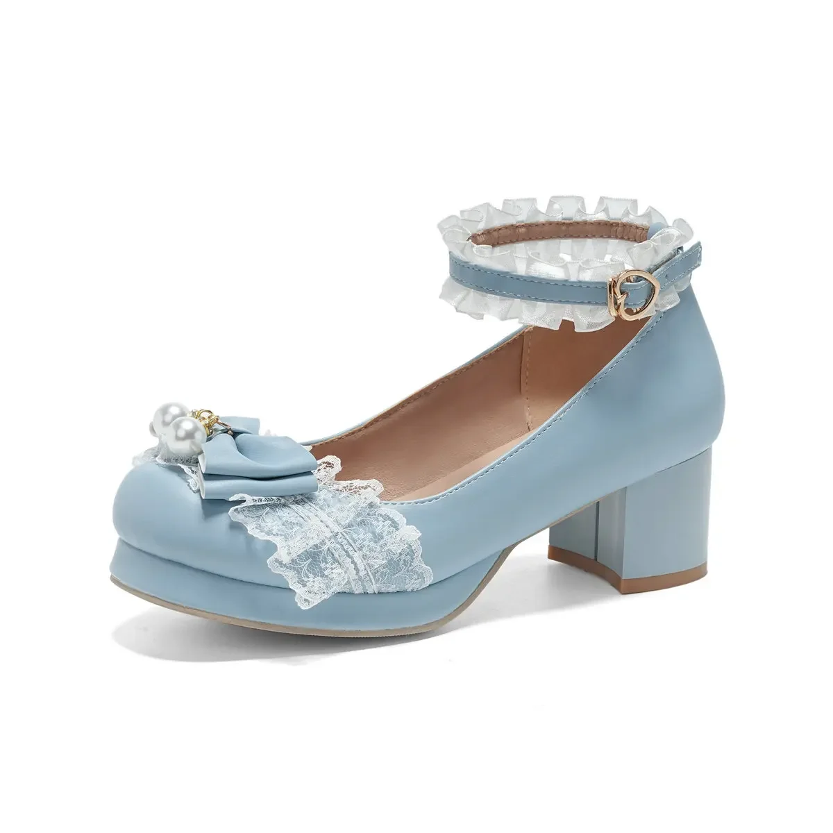 

Женские туфли Лолиты с ремешком на щиколотке, туфли Мэри Джейн на платформе, средние массивные каблуки, кавайные вечерние туфли-лодочки для косплея с кружевным бантом, большие размеры