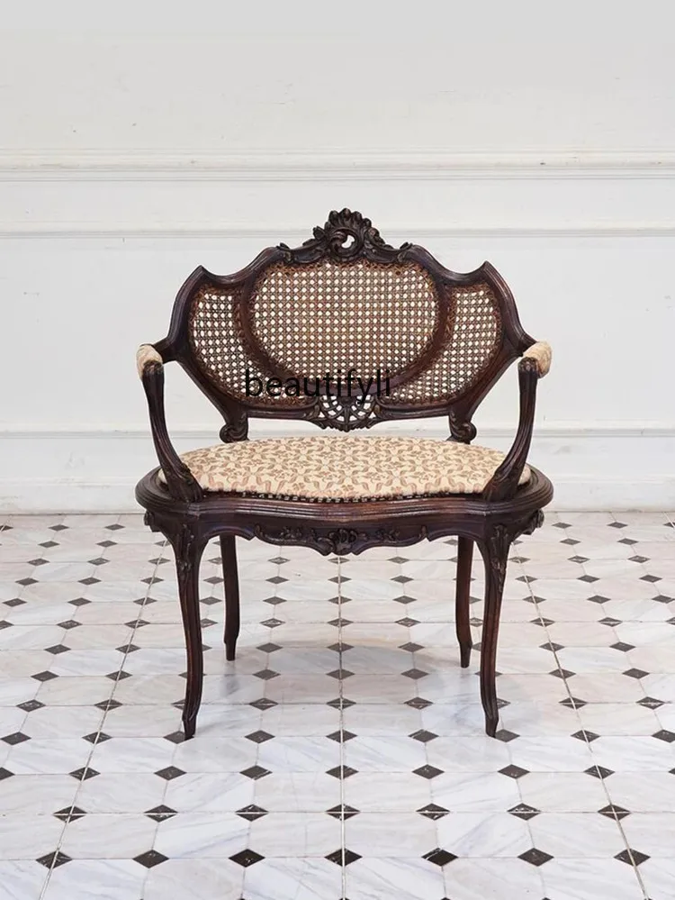 

Medieval solid wood carving flower retro single rattan chair, Nordic villa high backrest living room casual sofa chair