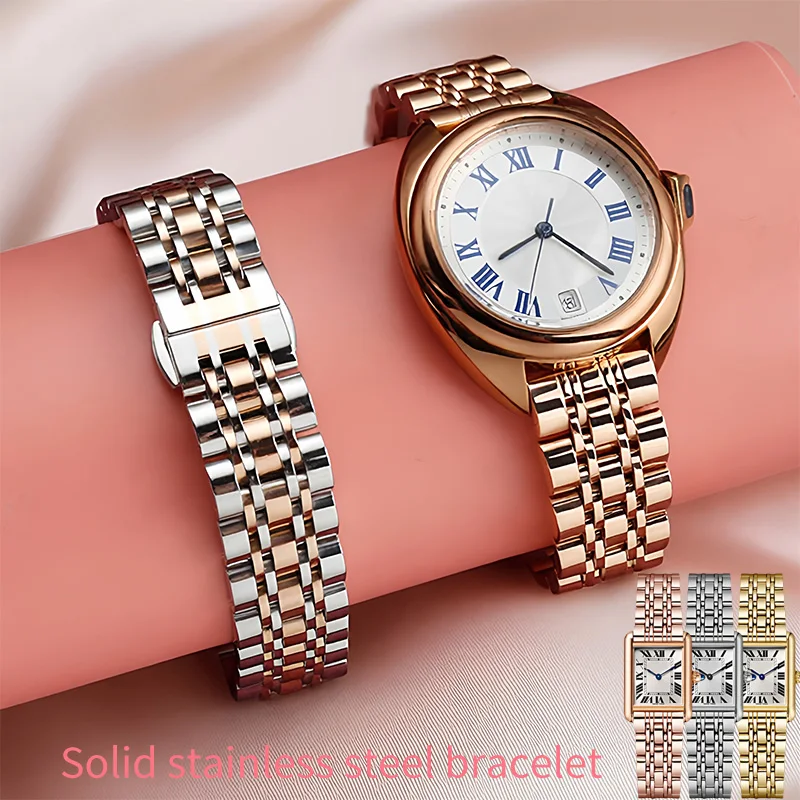 

12, 14, 16, 18, 20, 22 мм, браслет из твердой нержавеющей стали для часов CLÉ DE CARTIER tank RONDE, сменные браслеты с пряжкой-бабочкой