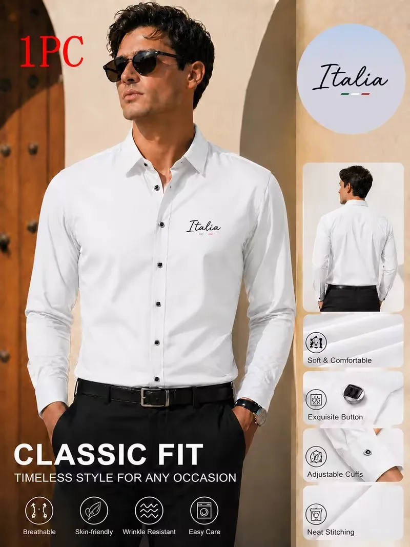 1PC Unisex Premium Business Casual Shirt with Letter Logo Print Long Sleeve Slim Fit Wrinkle Resistant Formal Office Daily Shirt
