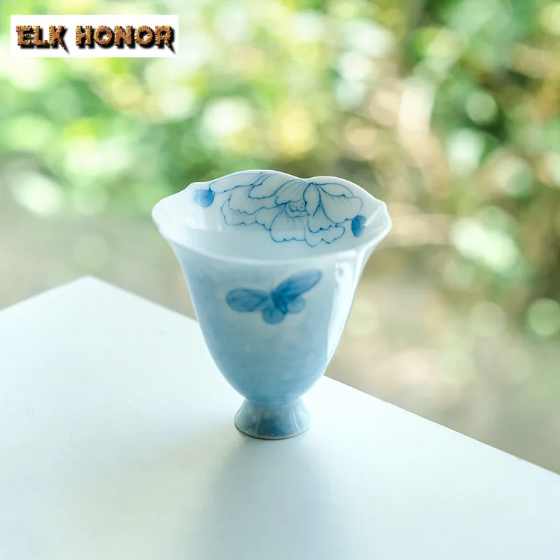 

2pc/lot Hand-painted Mist Blue Butterfly Teacup Zen Tea Bowl Cute Cup Tea-tasting Smelling Cup Chazhan Master Cups Teaware 40ml