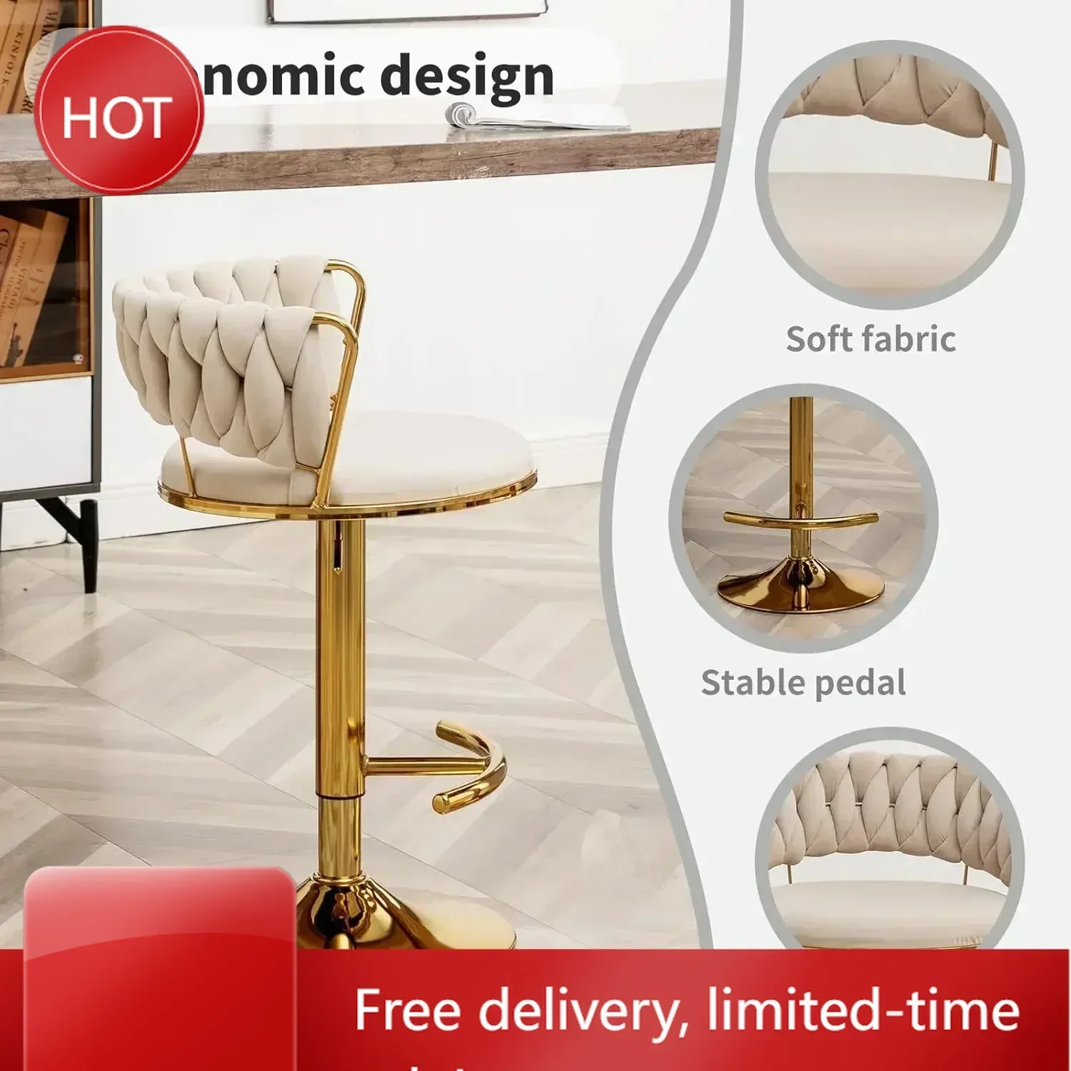 

Time-limitedXMSJ.Gold Bar Stools Set of 4, Counter Height Bar Stools with Low Back, Velvet Adjustable Height Barstools, 360° Swi