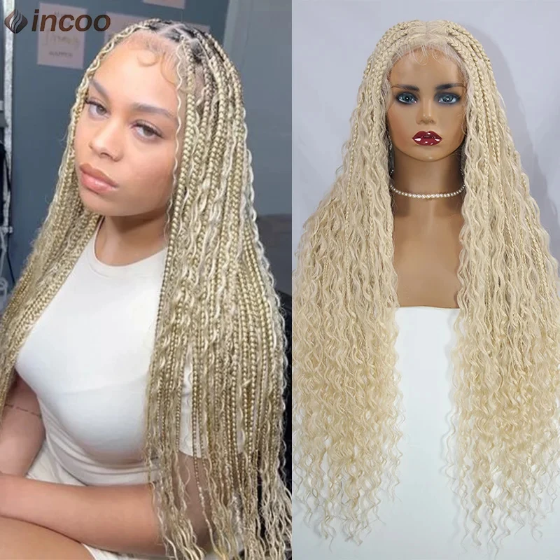 Synthetic Blonde Bohemian Box Braids Wigs With Curly Hair Braid Lace Frontal Wigs Goddess Locs Braided Wigs Burgundy Hair 32\