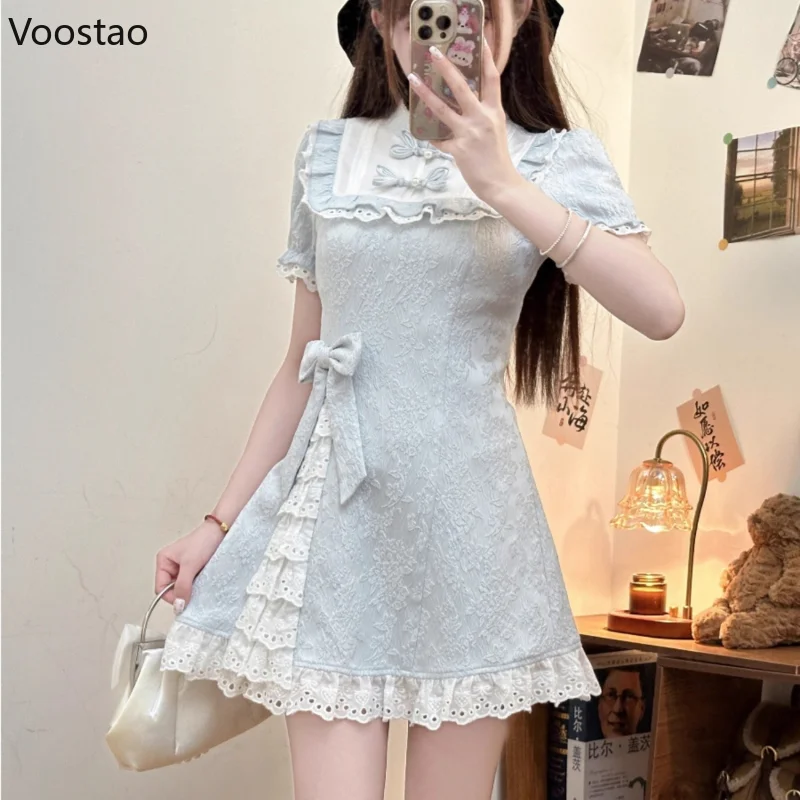 Blue Sweet New Chinese Style Lolita Mini Dress Women Elegant Vintage Bow Lace Ruffles Party Dresses Female Casual Slim Cheongsam